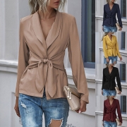 Fashion Solid Color Lapel Long Sleeve Self-tie Thin Cardigan