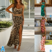 Fashion Printed Two-piece Set Consist of Cami Crop Top and High Slit Ruched Skirt