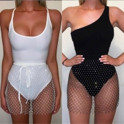Sexy Sheer Mesh Netted Rhinestone Mini Skirt