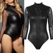 Sexy Semi-through Gauze Spliced Zipper V-neck Artificial Leather PU Lingerie Bodysuit