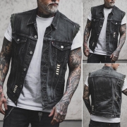 Vintage Old-washed Stand Collar Distressed Denim Sleeveless Jacket/Vest for Men