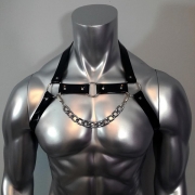 Men's Faux Leather PU Suspenders Chest Harness with Chain