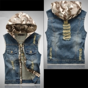 Vintage Old-washed Distressed Camouflage Hooded Denim Jacket for Men