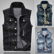 Fashion Old-washed Frayed Stand Collar Sleeveless Denim Jacket for Men