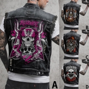 Street Fashion Skull Printed Sleeveless Frayed Hemline Old-washed Denim Vest for Men