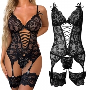 Sexy Bowknot Lace-up Backless Lace Lingerie Bodysuit