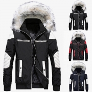 Fashion Long Sleeve Double-zipper Artificial Fur Spliced Hooded Warm Coat for Men
