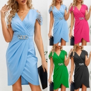 Fashion Cutout Short Sleeve V-neck Irregular Slit Hemline Chain Mini Dress