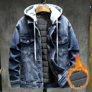 Fashion Old-washed Unisex Denim Jacket with Detachable Hooded and Detachable Warm Lined（Size Run Small）