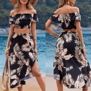 Fashion Floral Printed Two-piece Set Consist of Off-the-shoulder Crop Top and Irregular Hemline Skirt