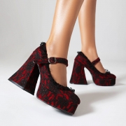 Vintage Lace Spliced Platform Block Heeled Shoes