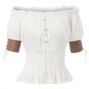 Vintage Ruched Lace-up Off-the-shoulder Short Sleeve Shirt