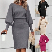 Fashion Solid Color Crew Neck Batwing Long Sleeve Elastic Waist Bodycon Sweater Dress