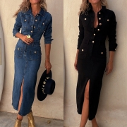 Fashion Stand Collar Long Sleeve Front Button Slit Midi Denim Dress