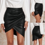 Fashion High-rise Irregular Hemline Artificial Leather PU Skirt