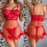 Fashion Floral Jacquard Lace Spliced Gauze Semi-through Nightwear Dress