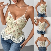 Vintage Floral Printed Lace Spliced V-neck Ruffle Hemline Back Lace-up Cami Shirt