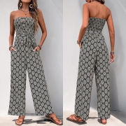 Bohemian Style Floral Printed Strapless Side Pockets Self-tie Straight-cut Jumpsuit