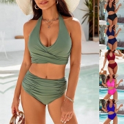 Fashion Two-piece Bikini Set Consist of Halterneck Bikini Top and Ruched Bikini Bottom