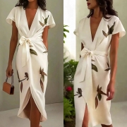 Fashion Floral Printed V-neck Cap Sleeve Self-tie Wrap Dress