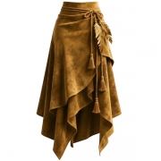 Vintage High-rise Irregular Hemline Suede Skirt with Tassel Belt