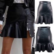 Fashion High-rise Side Button Slit Ruffle Hemline Artificial Leather PU Skirt