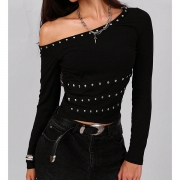 Fashion Rivet Slant Shoulder Long Sleeve Shirt
