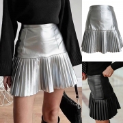 Fashion High-rise Pleated Hemline Artificial Leather PU Skirt