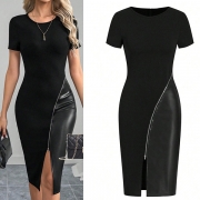 Fashion Crew Neck Short Sleeve Slant Zipper Slit Artificial Leather PU Spliced Bodycon Dress
