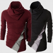 Fashion Contrast Color Long Sleeve Cowl Neck Men's Knit Tops