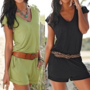 Fashion Solid Color Cap Sleeve V-neck Rompers(Without waistbelt)