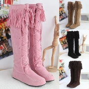Trendy Solid Color Lace-up Round Toe Tassel The Knee Boots