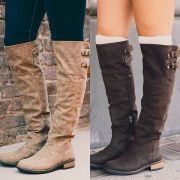 Retro Style Flat Heel Round Toe Knee-length Boots