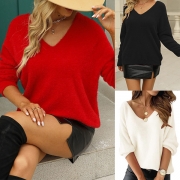 Sexy Backless V-neck Long Sleeve Solid Color Plush Sweatshirt