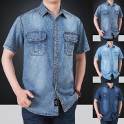 Fashion Short Sleeve POLO Collar Single-breasted Denim Shirt