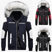 Fashion Contrast Color Long Sleeve Faux Fur Spliced Hooded Man's Coat