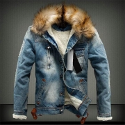 Fashion Faux Fur Spliced Hooded Plush Lining Man's Denim Coat
