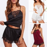 Sexy Backless Lace Spliced Sling Semi-transparent Top + Shorts Nightwear Set