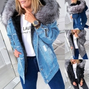 Fashion Faux Fur Spliced Hooded Long Sleeve Denim Coat