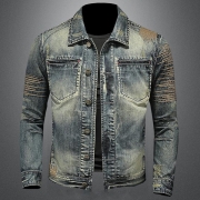 Fashion Contrast Color Patch Long Sleeve POLO Collar Single-breasted Man's Denim Coat