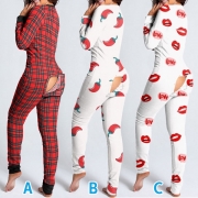 Sexy V-neck Butt Flap Slim Fit Printed Home-wear Jumpsuit One-piece Pajama