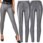 Fashion Mid-Waist Slim Fit Stretch PU Artificial  Leather Gray Pants