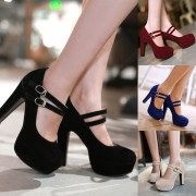 Criss Cross Strap Round Toe Block Heel Platform Pumps
