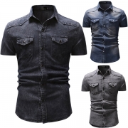 Fashion Lapel Solid Color Short Sleeve Single-breasted Pockets Man's Denim Shirt