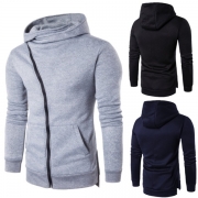 Fashion Solid Color Oblique Zipper Long Sleeve Slim Fit Side Pockets Men's Hooded Sweatshirt