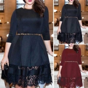Elegant Solid Color Half Sleeve Round Neck Lace Spliced Hem Dress