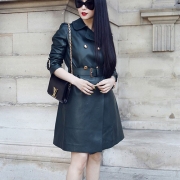Fashion Double-breasted Turn-down collar PU Leather Trench Coat with Sash