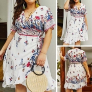 Fashion Short Sleeve V-neck Irregular Hem Oversized Printed Dress