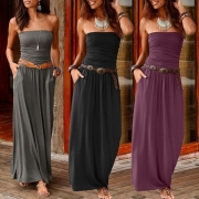 Sexy Strapless High Waist Solid Color Maxi Dress