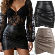 Fashion High Waist Irregular Hem Solid Color Slim Fit PU Leather Skirt